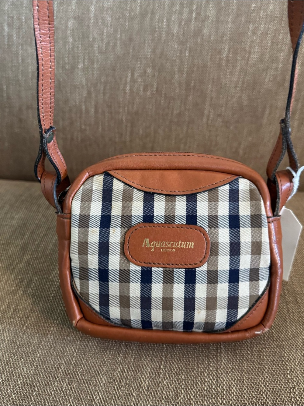 Aquascutum London Brown Leather & Navy Check Mini Crossbody